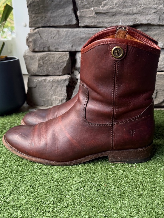 Frye Shoes - Frye Melissa Button Short Zip Brown Leather Women’s Boots